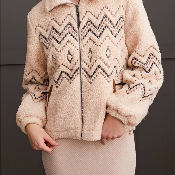 Tribal Jeans Jackets & Blazers - Tribal Latte Faux Shearling Zigzag Zip Front Jacket-model #5637O-5125, Size P/S
